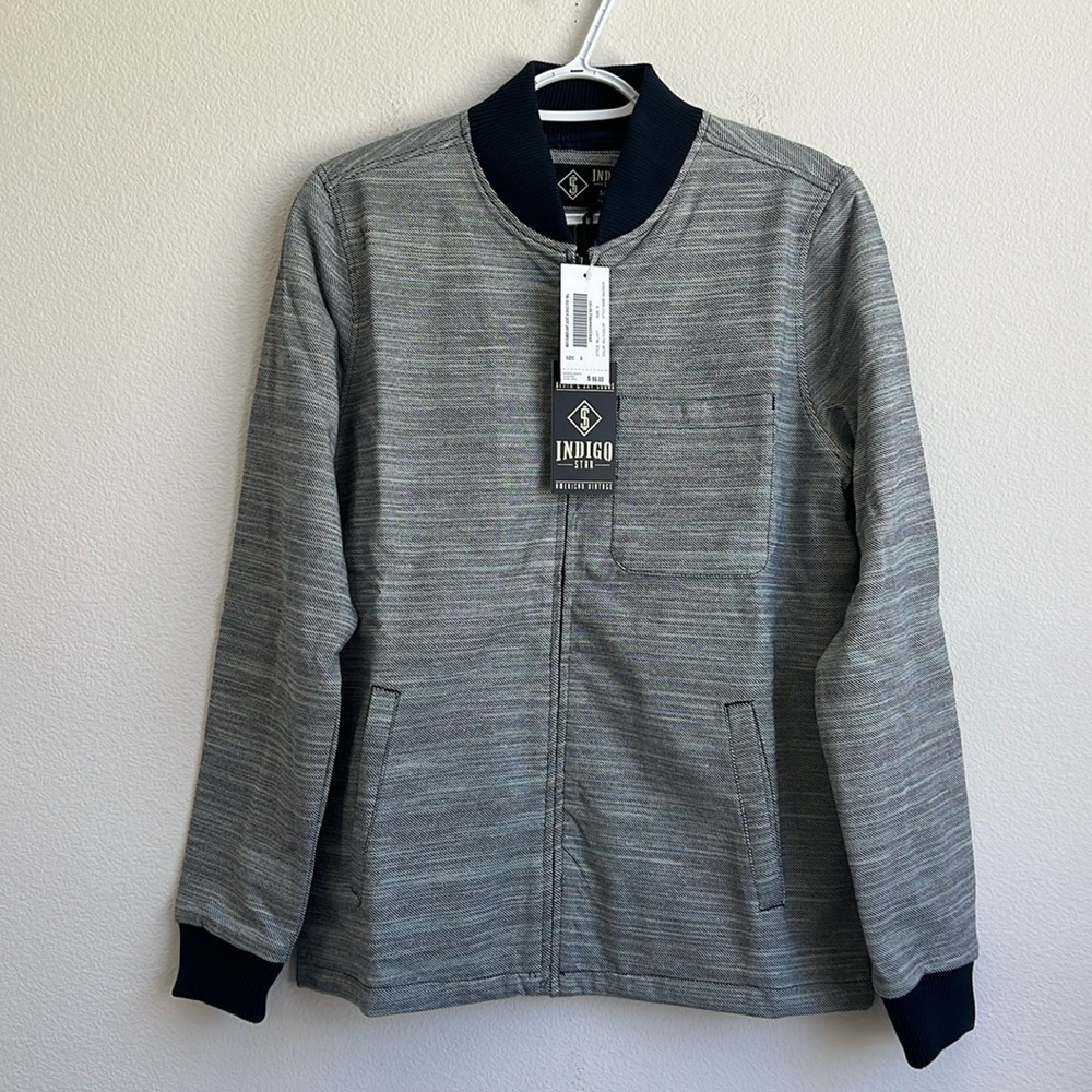 NWT Indigo Star Full Zip Gray Madison Bomber Shirt Jacket Space dyed twill